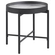 Ozella Round End Side Table front view with sandy black metal frame and recessed tempered reeded glass top