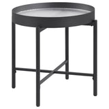 Ozella Round End Side Table front view with sandy black metal frame and recessed tempered reeded glass top