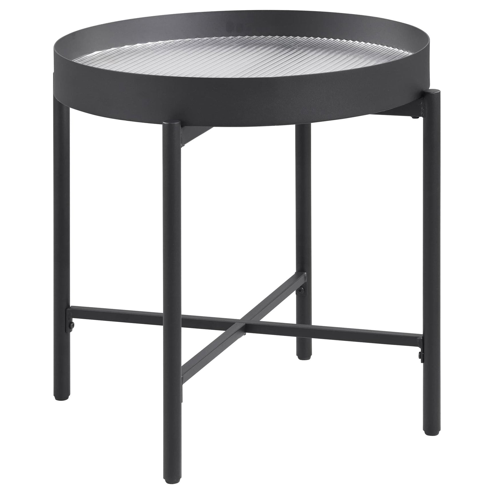 Ozella Round End Side Table front view with sandy black metal frame and recessed tempered reeded glass top