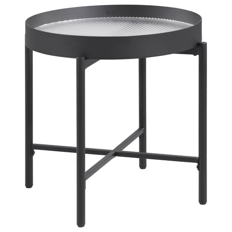 Ozella Round End Side Table front view with sandy black metal frame and recessed tempered reeded glass top