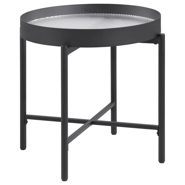Ozella Round End Side Table front view with sandy black metal frame and recessed tempered reeded glass top