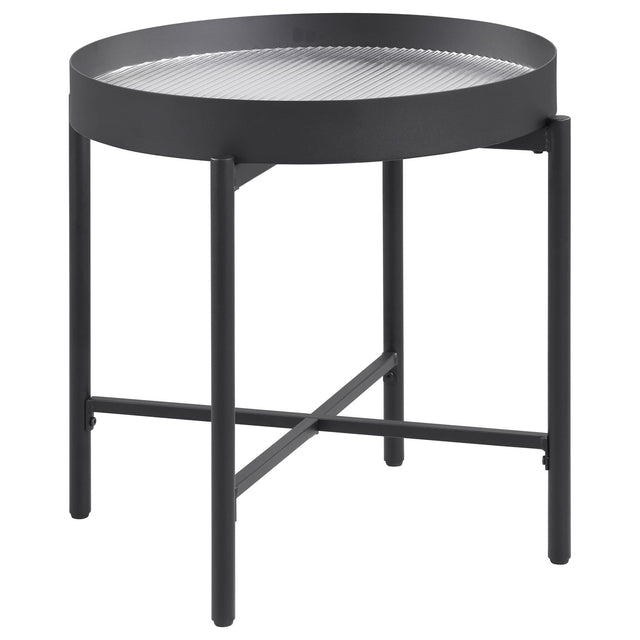 Ozella Round End Side Table front view with sandy black metal frame and recessed tempered reeded glass top