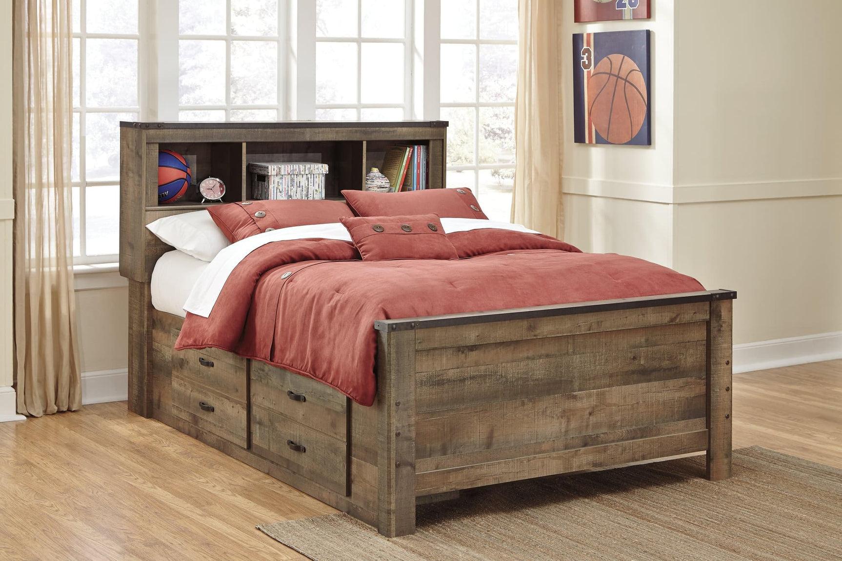 Trinell Full Brown Bookcase Bed with 2 storage drawers in a bedroom setting