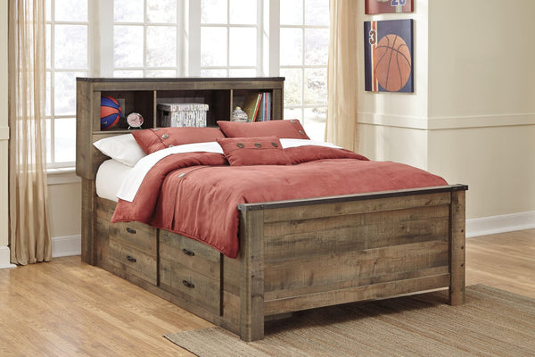 Trinell Full Brown Bookcase Bed with 2 storage drawers in a bedroom setting
