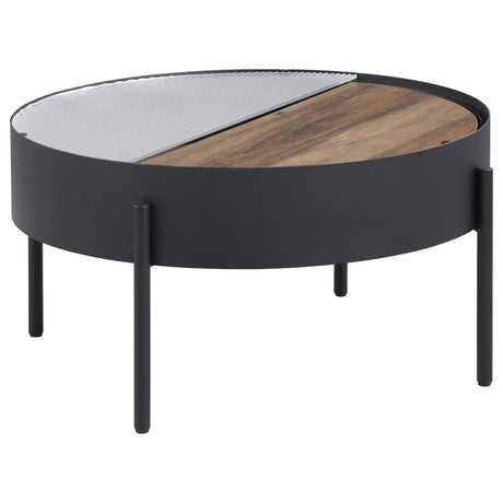 Ozella round coffee table with tempered reeded glass and sliding wood surface, angled view