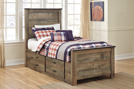 Trinell brown twin panel bed with 2 storage drawers angled view