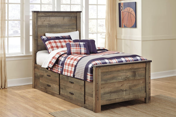 Trinell brown twin panel bed with 2 storage drawers angled view