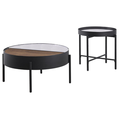 Ozella round coffee table with sliding wood top revealing hidden storage, sandy black