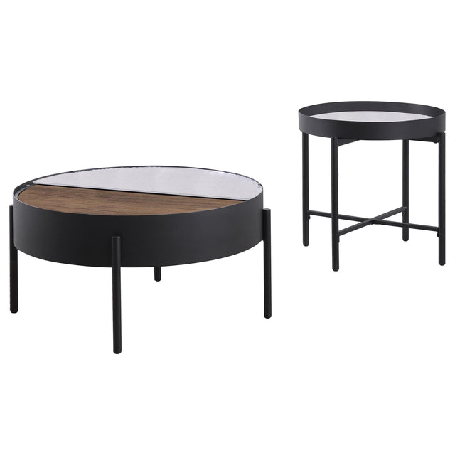 Ozella round coffee table with sliding wood top revealing hidden storage, sandy black