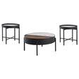 Ozella round coffee table with sliding wood top and glass surface, sandy black finish
