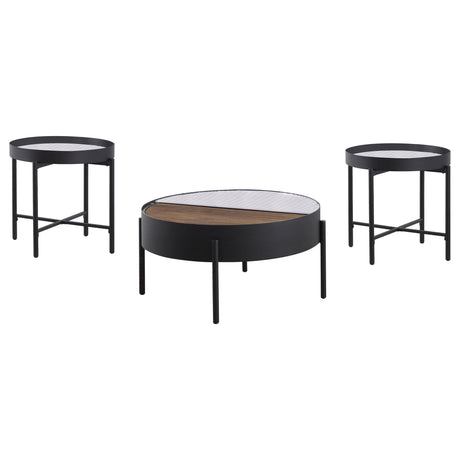 Ozella round coffee table with sliding wood top and glass surface, sandy black finish
