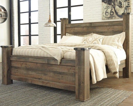 Trinell Brown King Poster Bed front view with rustic plank finish
