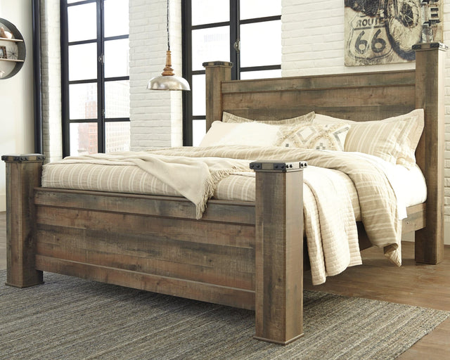 Trinell Brown King Poster Bed front view with rustic plank finish