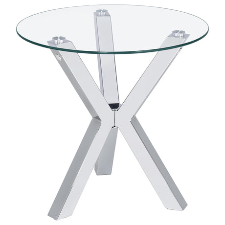 Kenzie round tempered glass top end side table with chrome frame front view