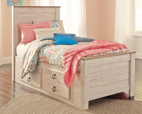Willowton Twin Panel Bed in whitewash finish angled view