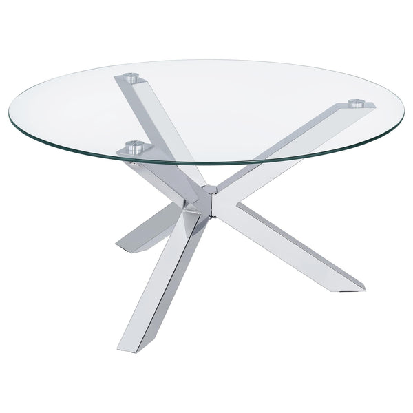 Kenzie coffee table round tempered glass top chrome base front view