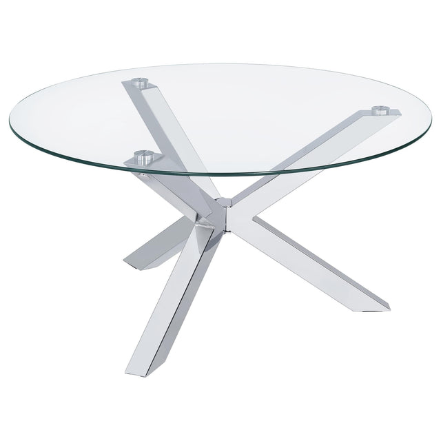 Kenzie coffee table round tempered glass top chrome base front view