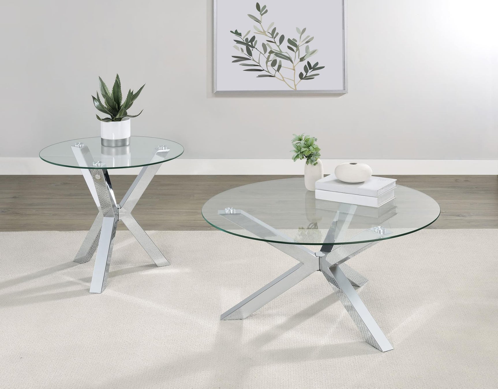 Kenzie 2-piece round coffee and end table set with chrome frame and glass tops