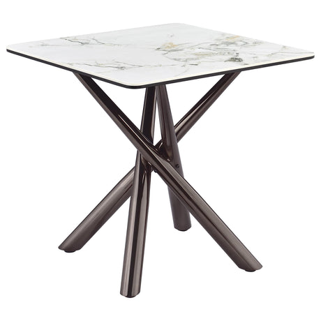 Carvell Square End Side Table front view showing mirage white sintered stone top