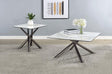 Carvell coffee table with sintered stone and black glass top showing front angle