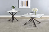 Carvell coffee table with sintered stone and black glass top showing front angle