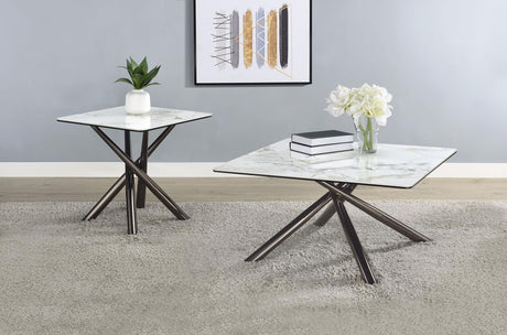 Carvell coffee table with sintered stone and black glass top showing front angle