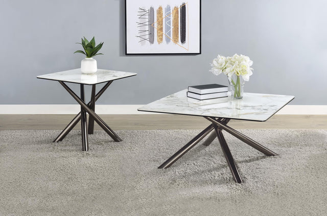 Carvell coffee table with sintered stone and black glass top showing front angle
