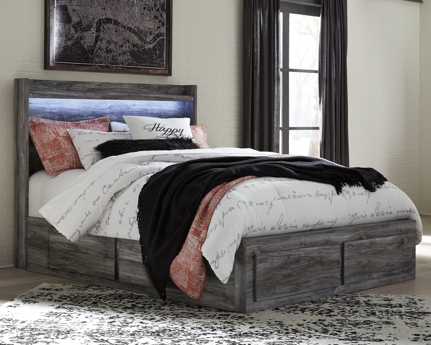 Baystorm Gray Queen Panel Bed with 6 Storage Drawers, front view
