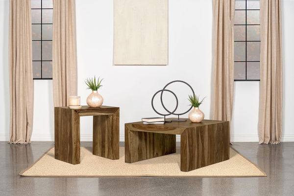 Odilia 2-piece solid wood coffee and end table set in auburn finish, front view