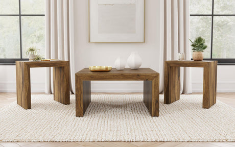 Odilia 3-piece auburn solid wood coffee and end table set front view