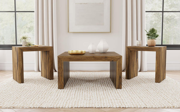 Odilia 3-piece auburn solid wood coffee and end table set front view