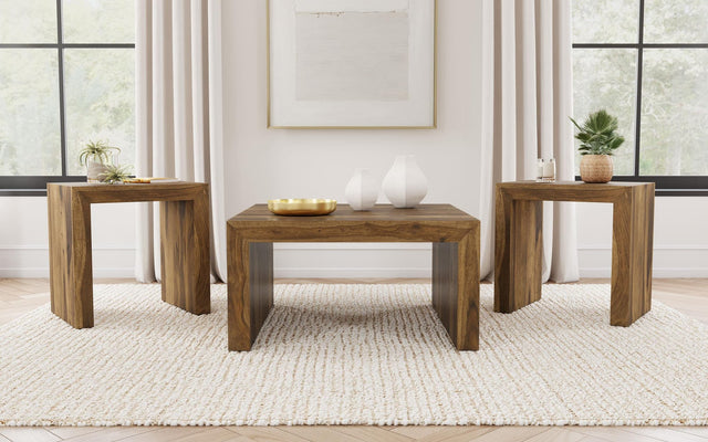 Odilia 3-piece auburn solid wood coffee and end table set front view