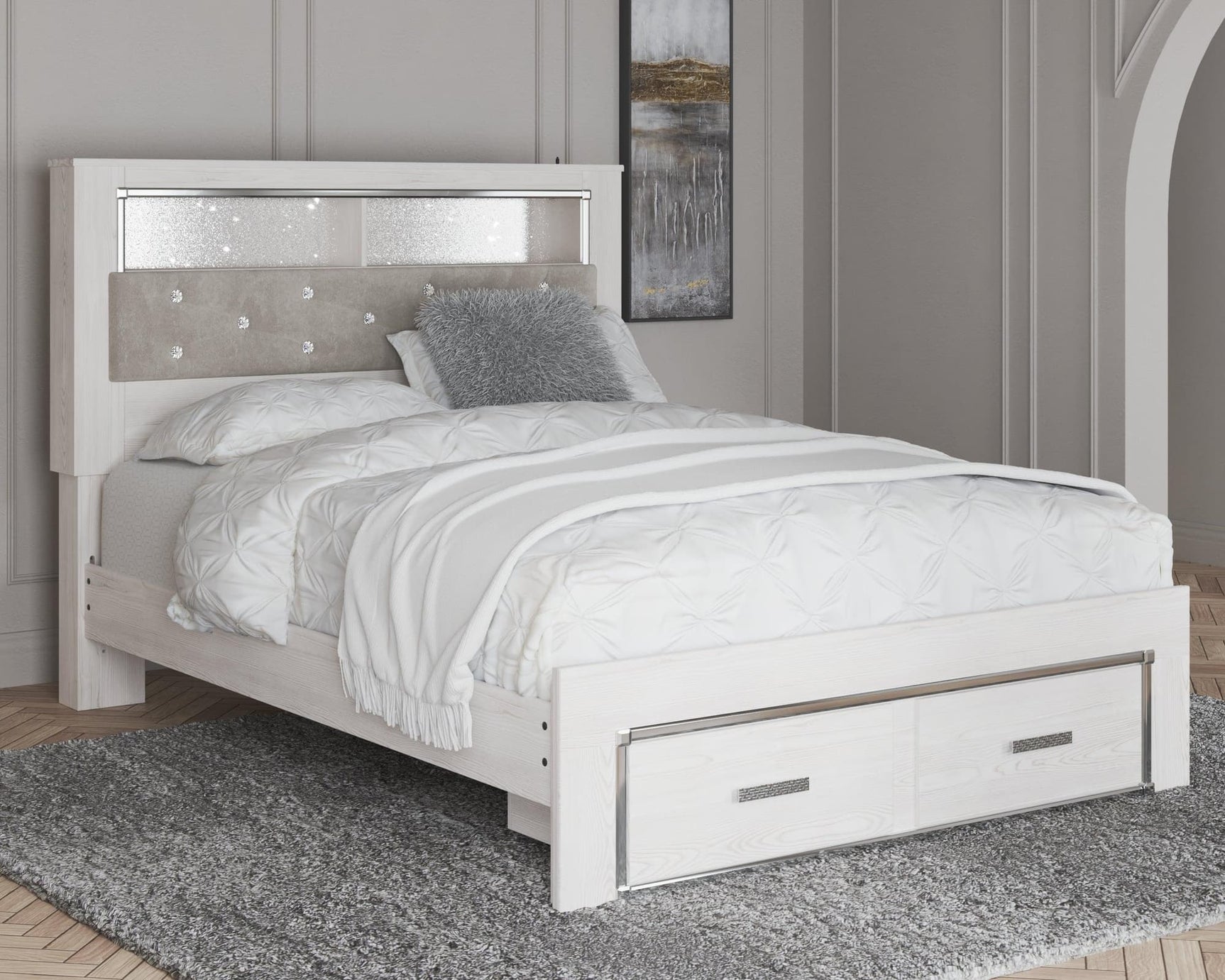 Altyra White Queen Upholstered Bookcase Bed with Storage front angle