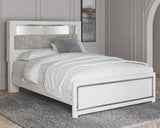 Altyra White Queen Panel Bookcase Bed - front angle view with LED lighting