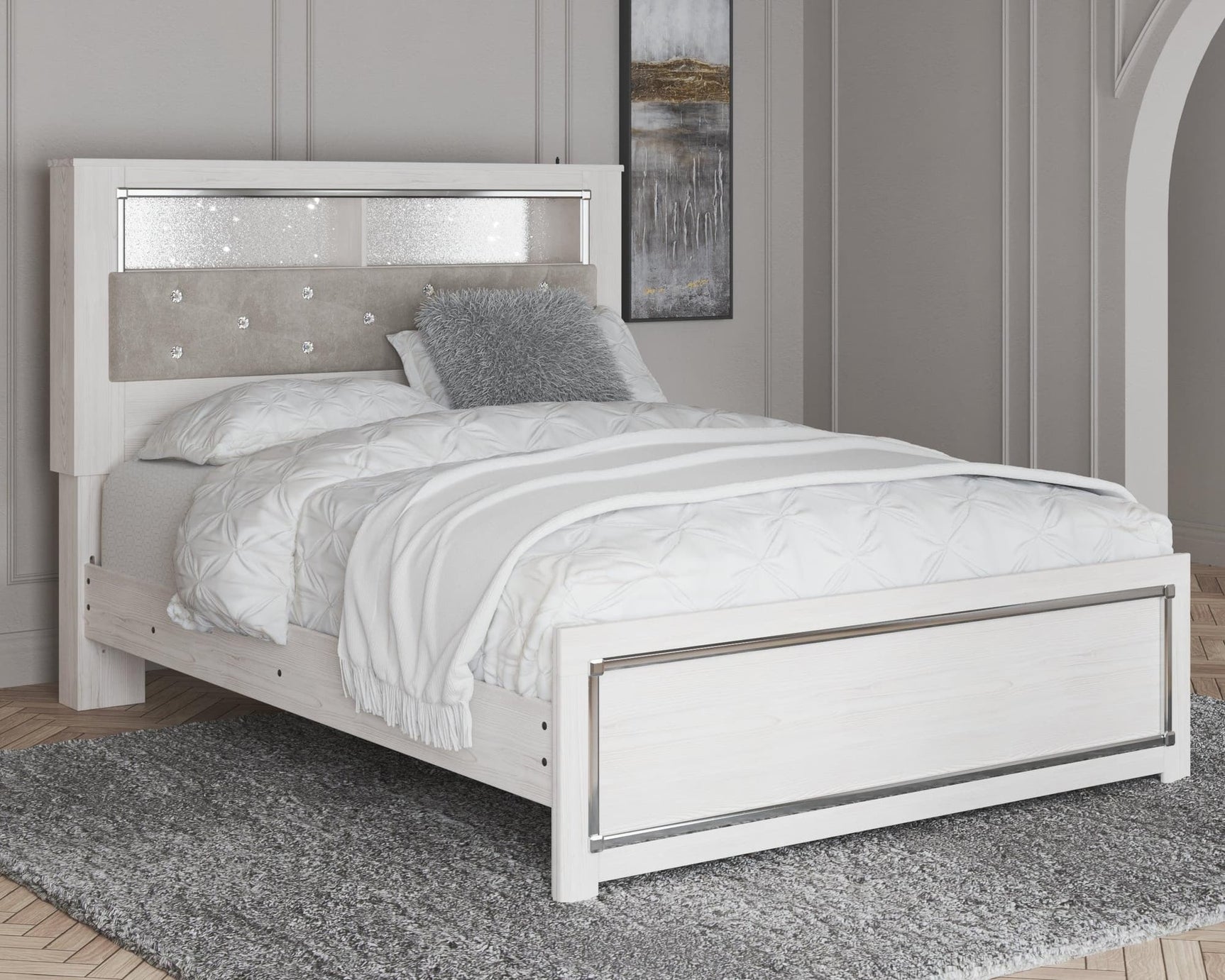 Altyra White Queen Panel Bookcase Bed - front angle view with LED lighting