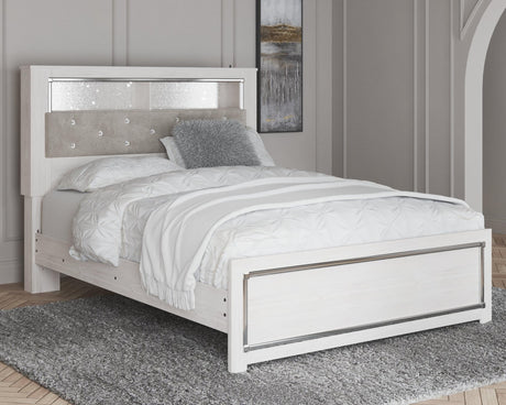 Altyra White Queen Panel Bookcase Bed - front angle view with LED lighting