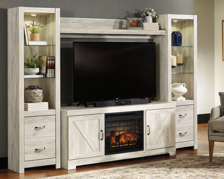 Bellaby Whitewash 4-Piece Entertainment Center front view with electric fireplace