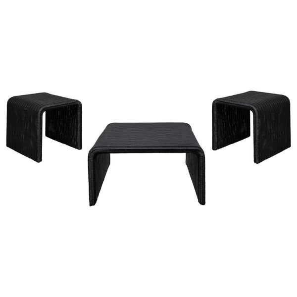 Cahya 3-piece black rattan coffee and end table set, side angle