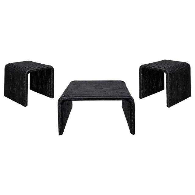 Cahya 3-piece black rattan coffee and end table set, side angle