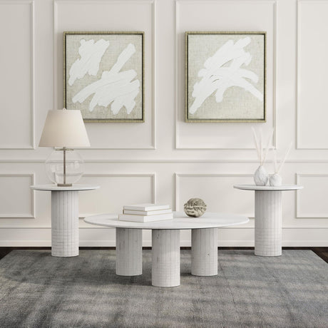Astoria white marble coffee table with cylindrical fluted pedestal base front view