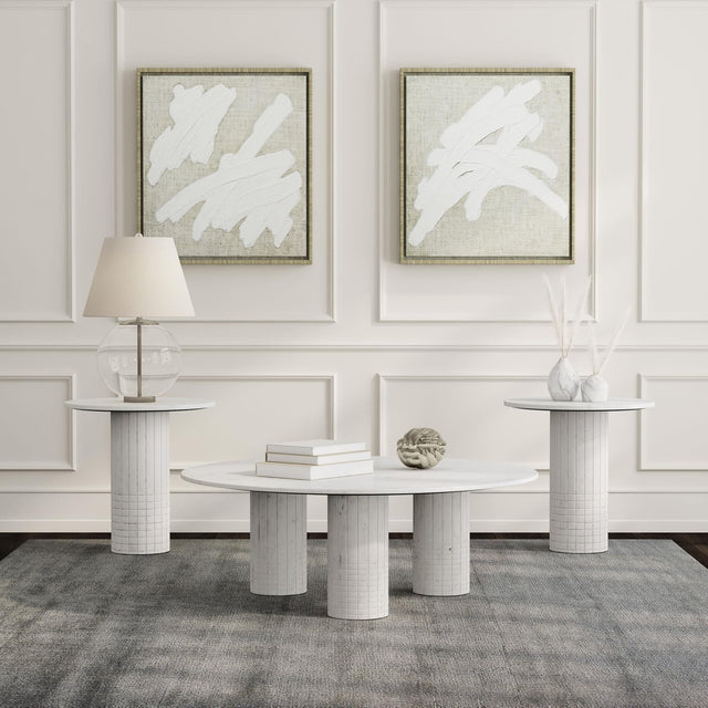 Astoria white marble coffee table with cylindrical fluted pedestal base front view