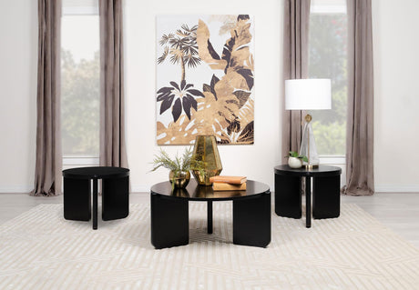 Cordova black solid wood coffee table with round top and architectural legs