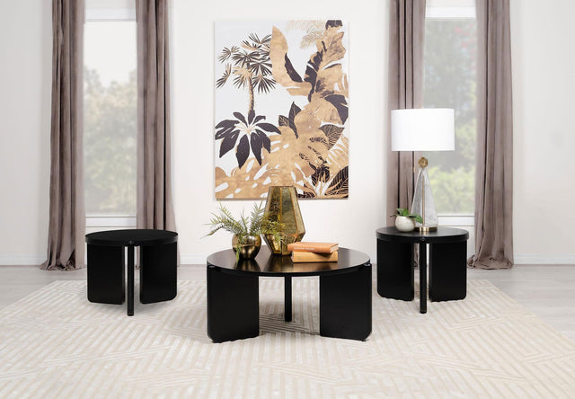 Cordova black solid wood coffee table with round top and architectural legs