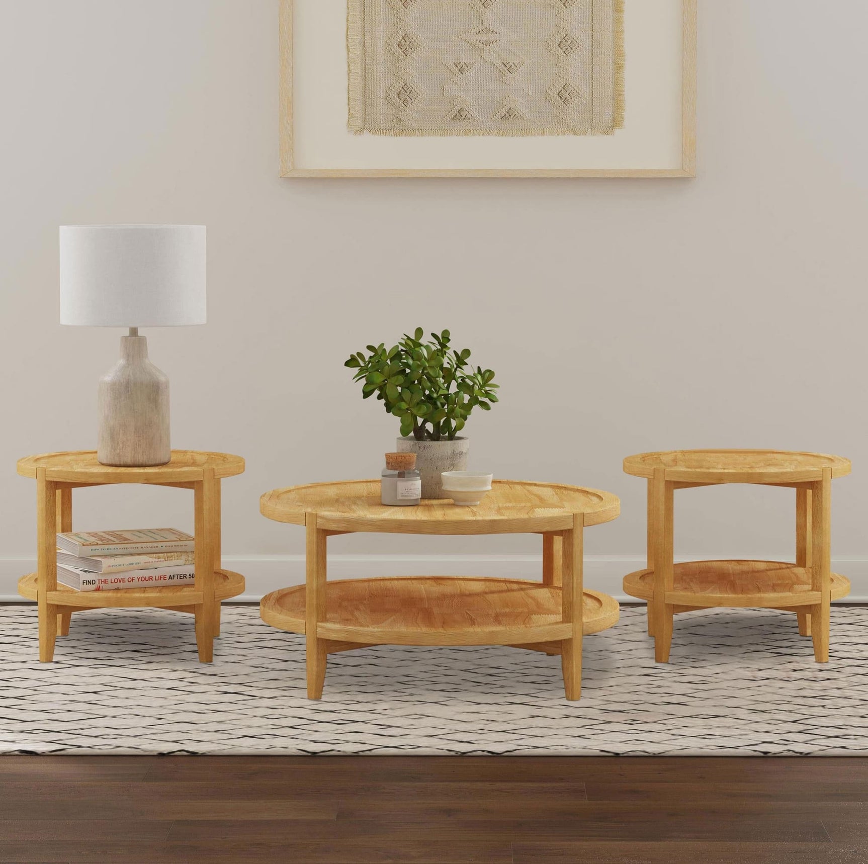 Camillo coffee table with round recessed top and full lower shelf in maple