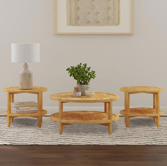 Camillo coffee table with round recessed top and full lower shelf in maple