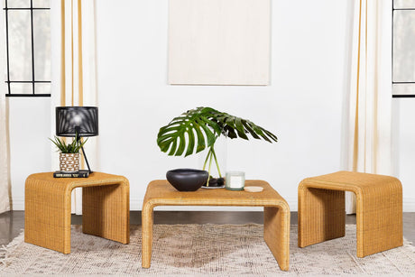 Cahya 3-piece rattan coffee and end table set in natural finish, front view