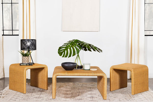 Cahya 3-piece rattan coffee and end table set in natural finish, front view