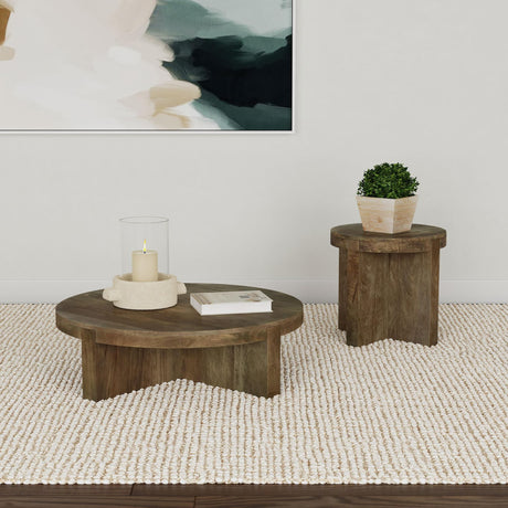 Kinkaid coffee and end table set solid mango wood brown front view
