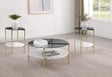 Jonelle coffee table with smoked glass top and white marble lower shelf, front view