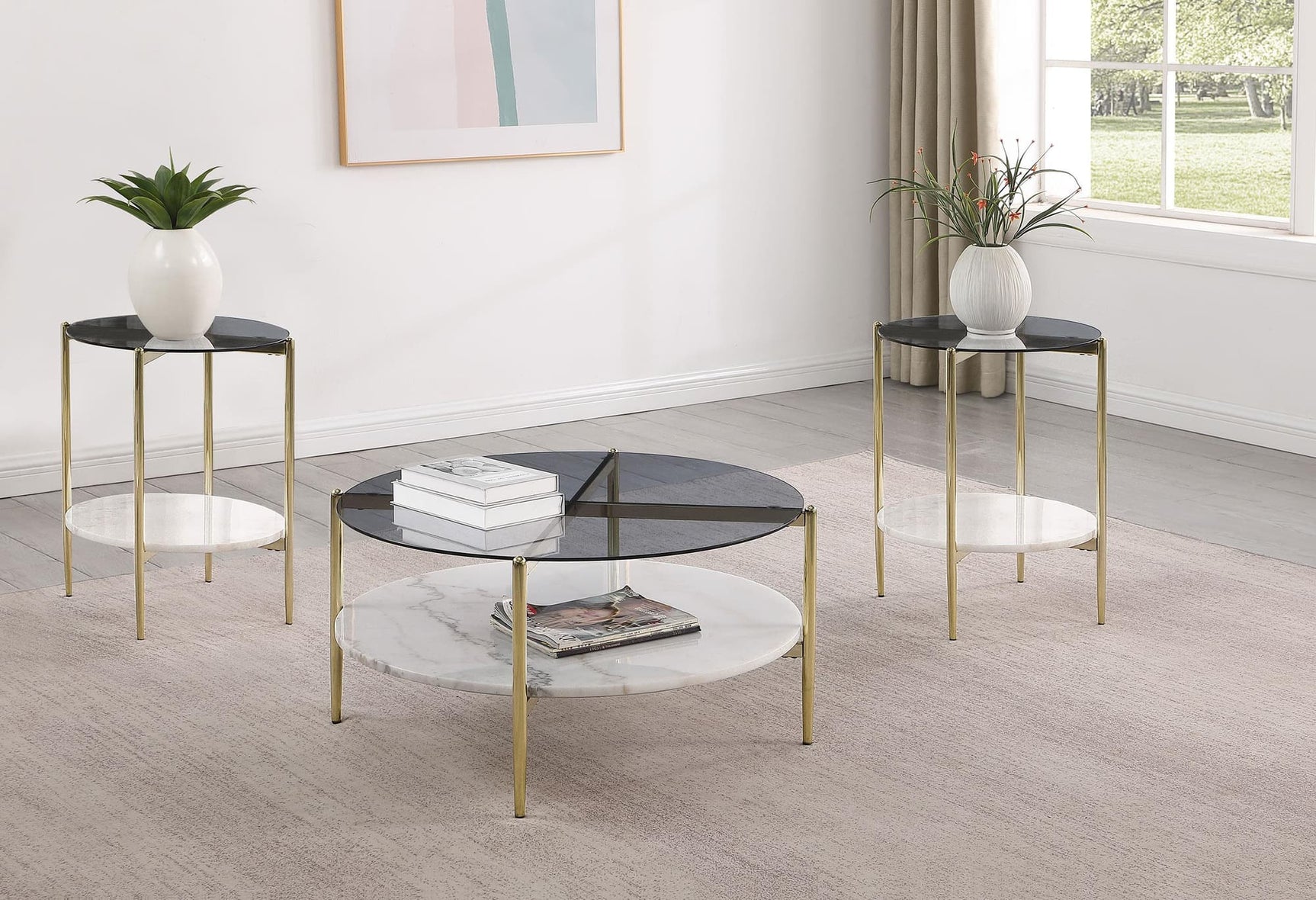 Jonelle coffee table with smoked glass top and white marble lower shelf, front view